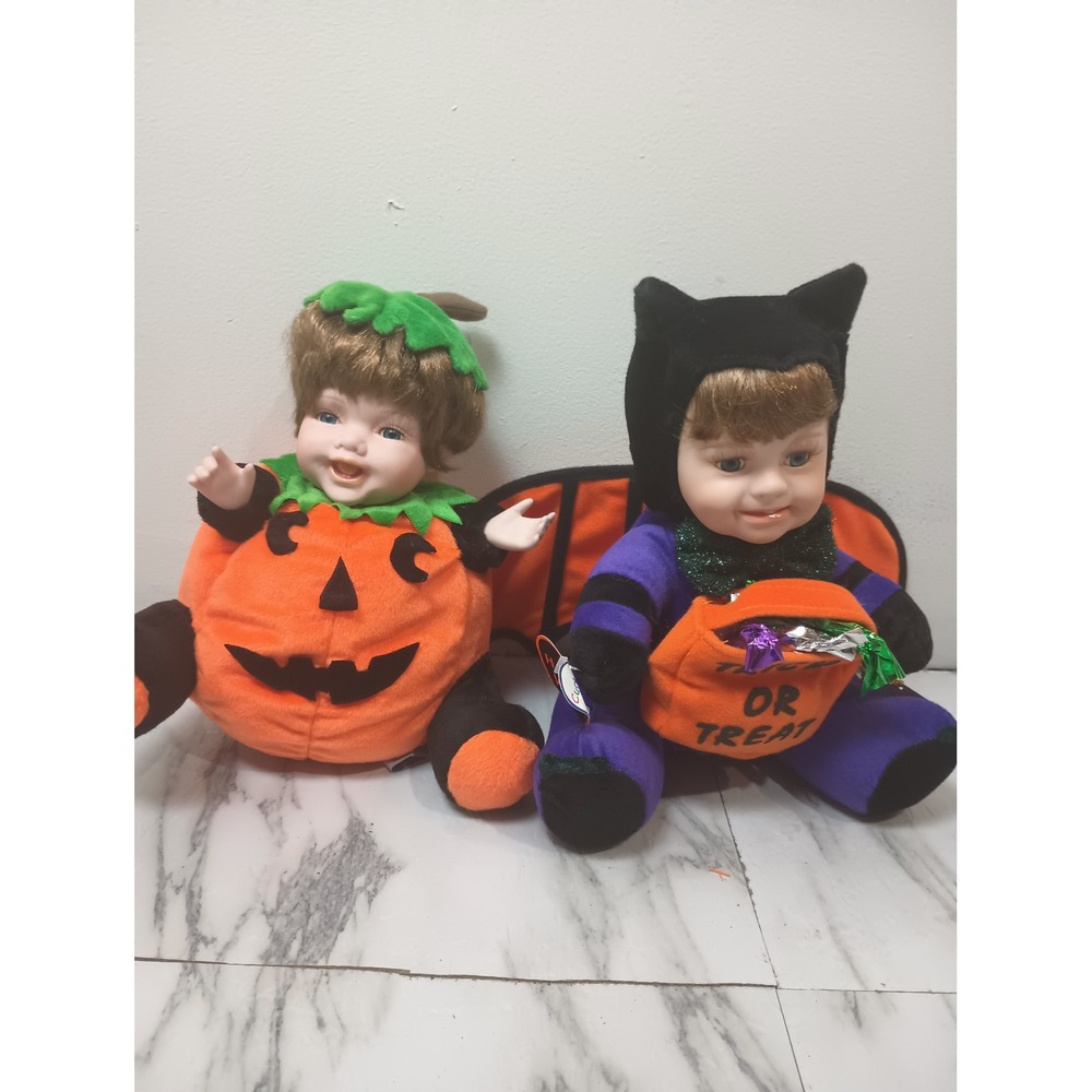 Cuddle Kids 2002 Halloween Batty Bobbie & Pumpkin Doll Set Vintage Plush